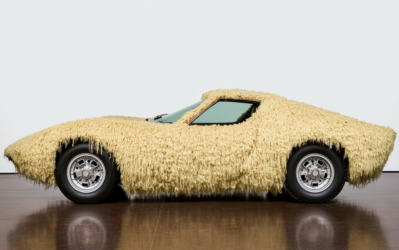 Ivory wool-covered supercar in a gallery
