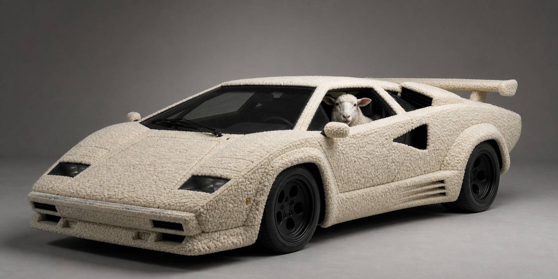 A sheep sitting inside a supercar formed from ivory wool