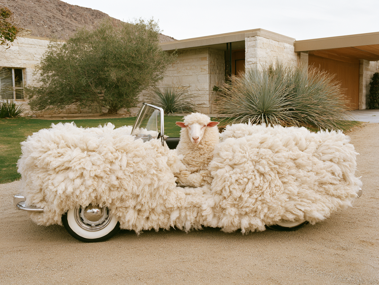 Wool-covered car outside a modern residence
